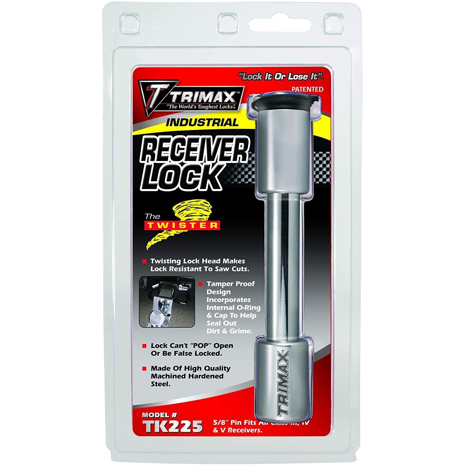 Trimax Industrial 5/8" Dia.Receiver Lock Twister Series with Flat Keys TK225, Clam Packaging, Chrome-SR1 Performance