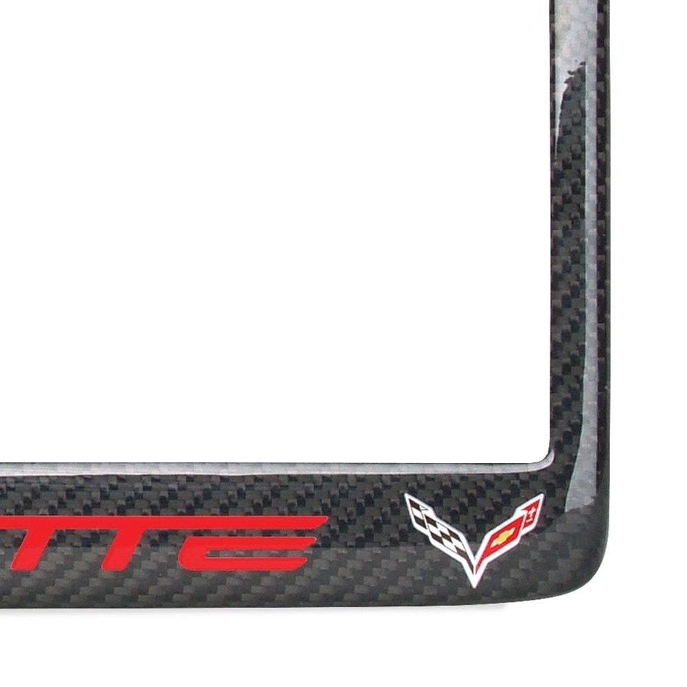 C7 Corvette Carbon Fiber License Plate Frame - Red Corvette Script with Flags Logo-SR1 Performance