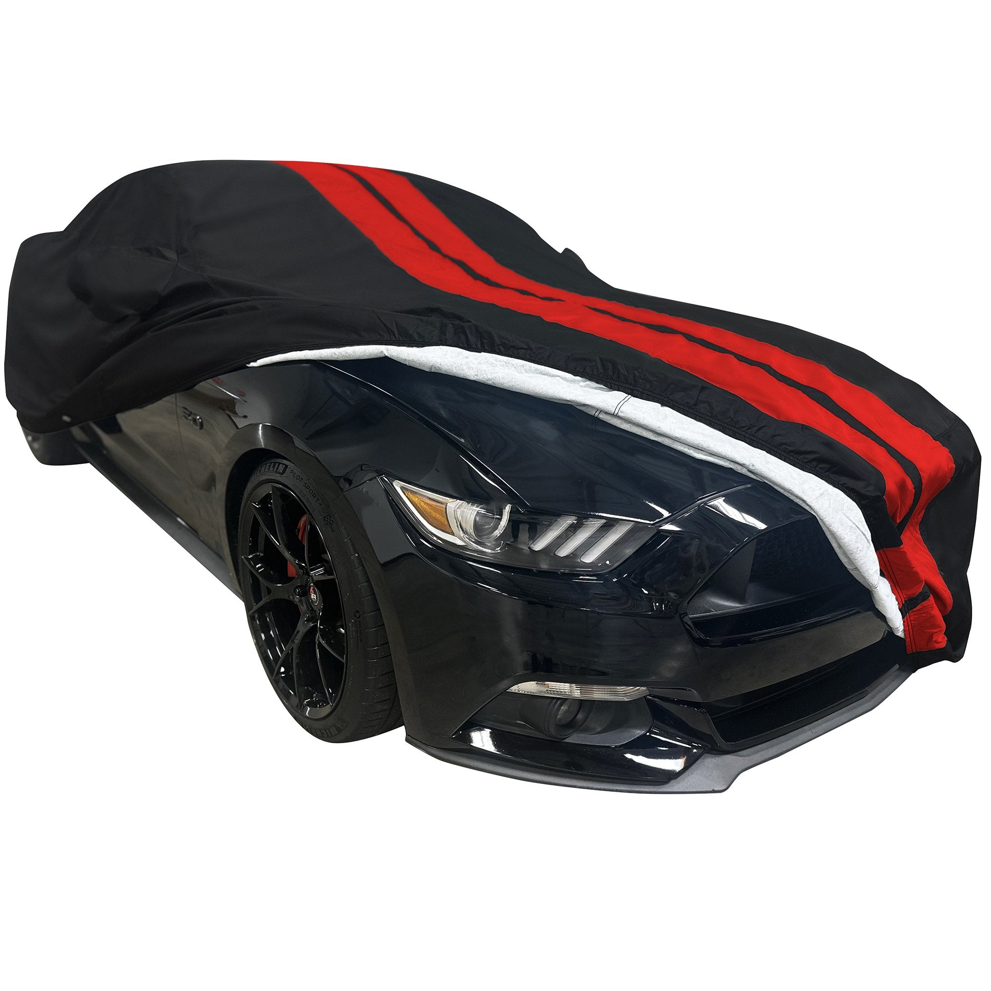 2005-2024 Ford Mustang Ultraguard Plus Car Cover - 300D Indoor/Outdoor Protection - Black with Red Stripes-SR1 Performance