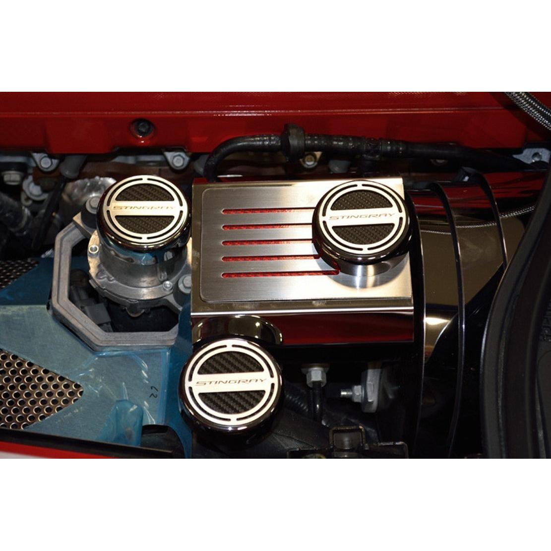 C7 Corvette Stingray Cap Cover 6Pc. Set Manual - GM Licensed Chrome/Brushed/Carbon Fiber Inlay Red-SR1 Performance
