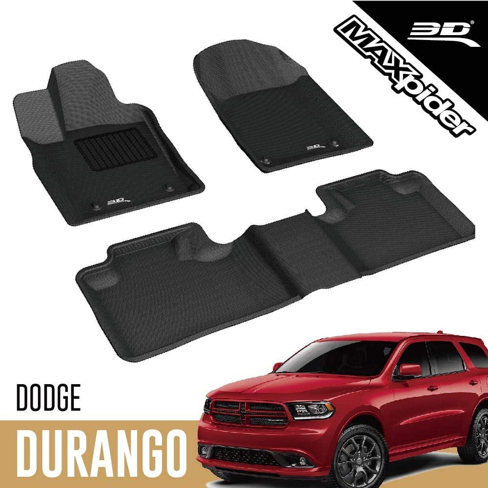 3D MAXpider Dodge Durango 5-Seater 2012-2020 Custom Fit All-Weather Car Floor Mats Liners, Kagu Series (1st & 2nd Row, Black)-SR1 Performance