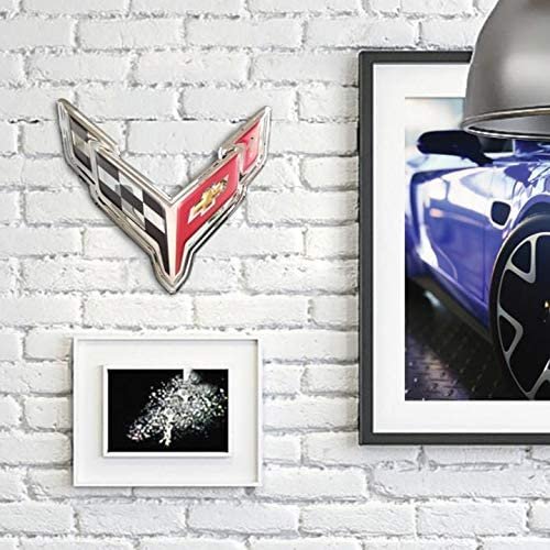 C8 Corvette Crossed Flags Stainless Steel Wall Hanging Sign - Chrome : 18" x 19"-SR1 Performance