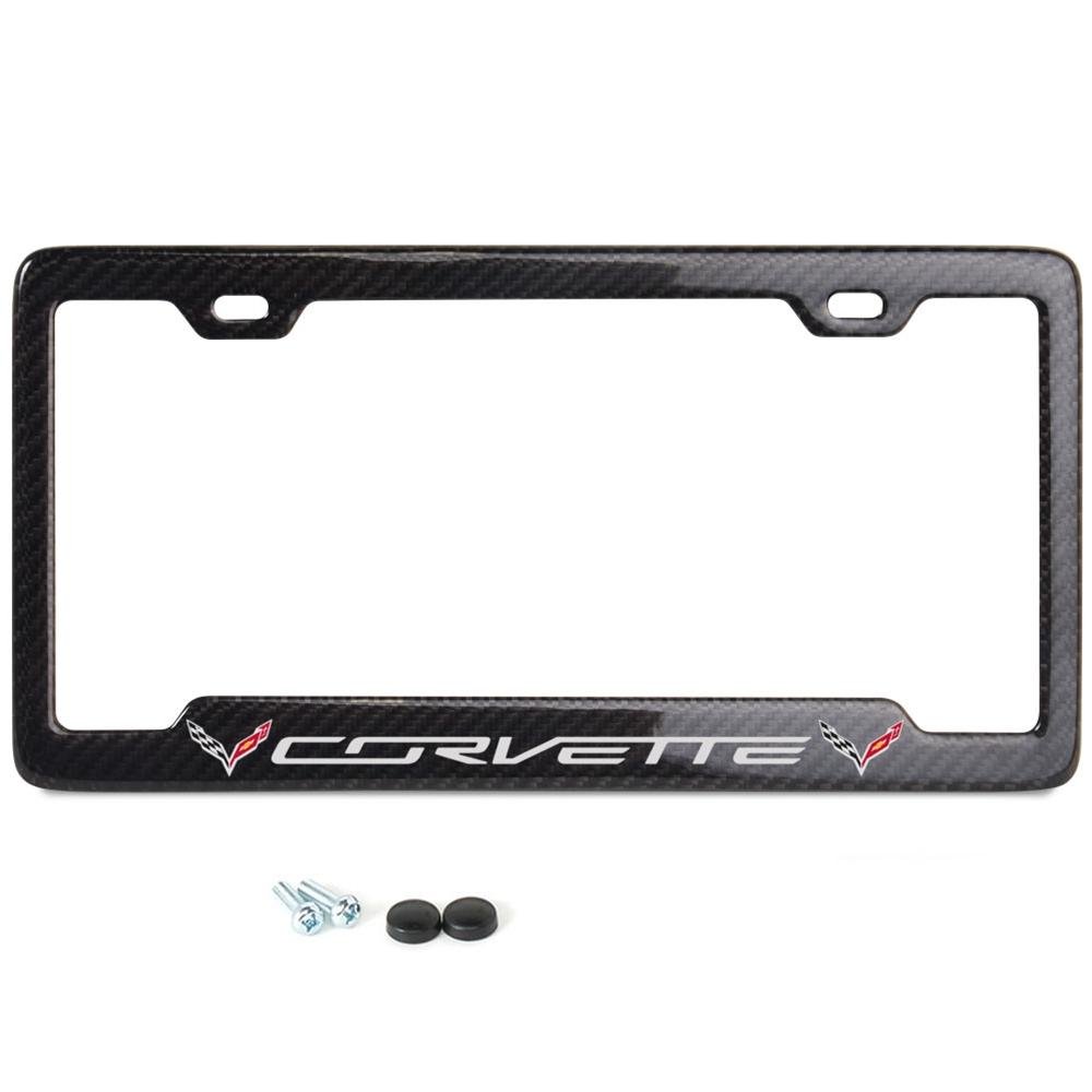 C7 Corvette Carbon Fiber License Plate Frame - Light Gray Corvette Script with Flags Logo-SR1 Performance