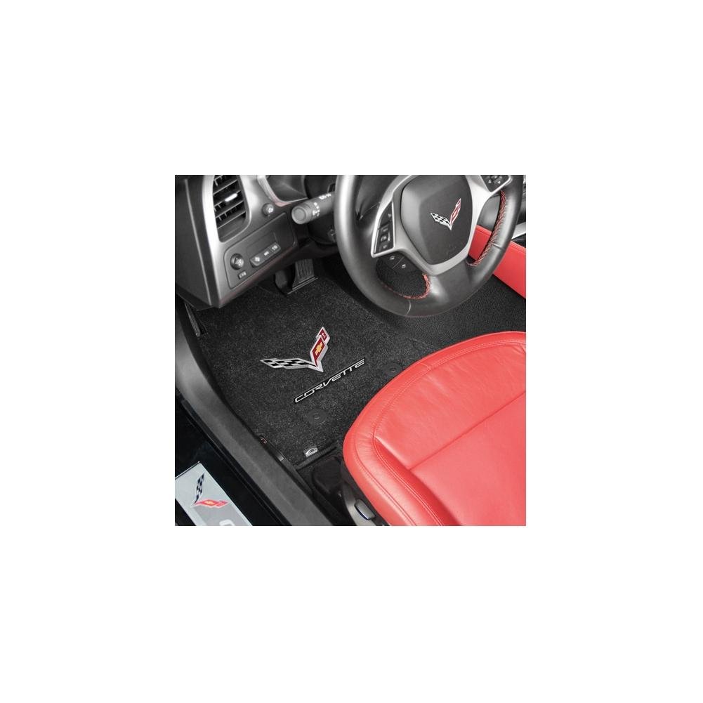 Lloyd Mats Ultimat C7 Corvette Crossed Flags & CORVETTE Script Black On Silver Floor Mats (2014-2015-2016)-SR1 Performance