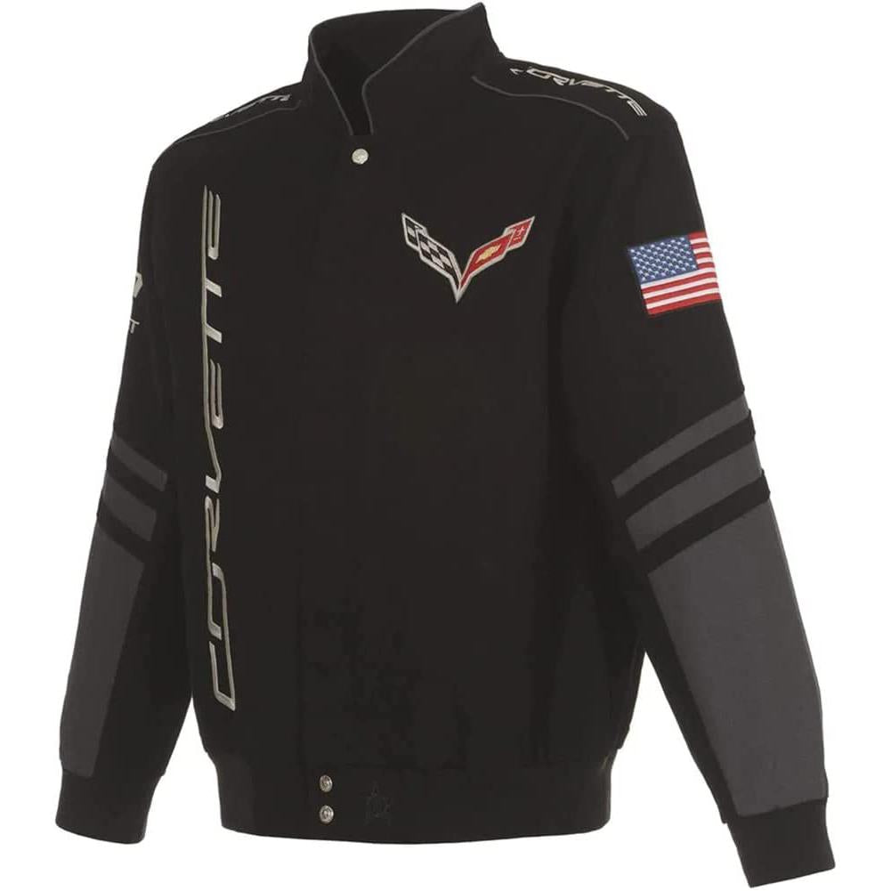 SR1 Performance C7 Corvette Embroidered Jacket - Classic Twill Racing Style Snap Up Design - Black-SR1 Performance