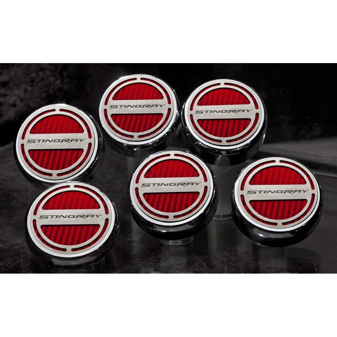 C7 Corvette Stingray Cap Cover 6Pc. Set Manual - GM Licensed Chrome/Brushed/Carbon Fiber Inlay Red-SR1 Performance