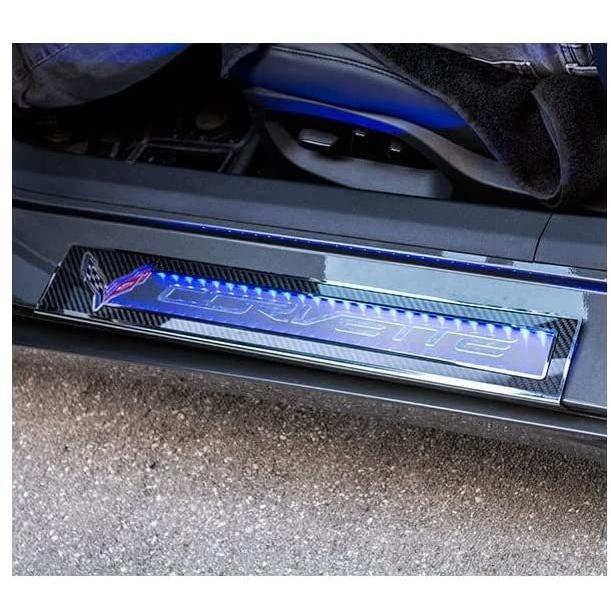 C7 Corvette Door Sill Carbon Fiber Overlay w/Polished Trim & BLUE LED Lighting-SR1 Performance