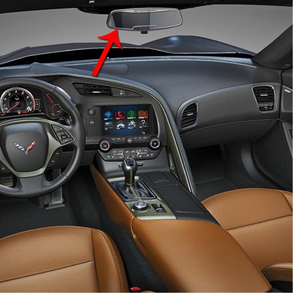 C7 Corvette Brushed Stainless Steel Rear View Mirror With "STINGRAY" Script Trim Fits: 14 and Newer Corvettes with Auto Dim Mirrors-SR1 Performance