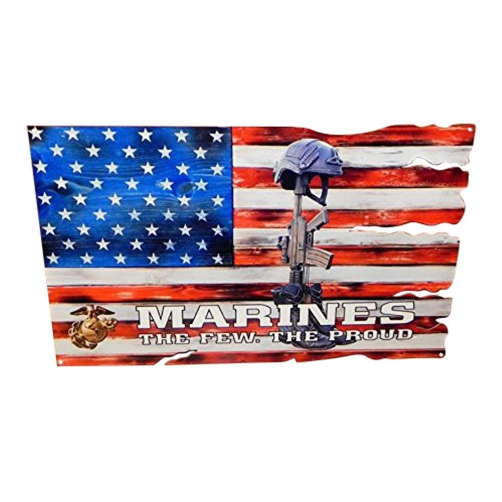 USMC Enlisted "The Few. The Proud." Fallen Battle Cross USA American Flag Metal Sign - 24" x 15"-SR1 Performance