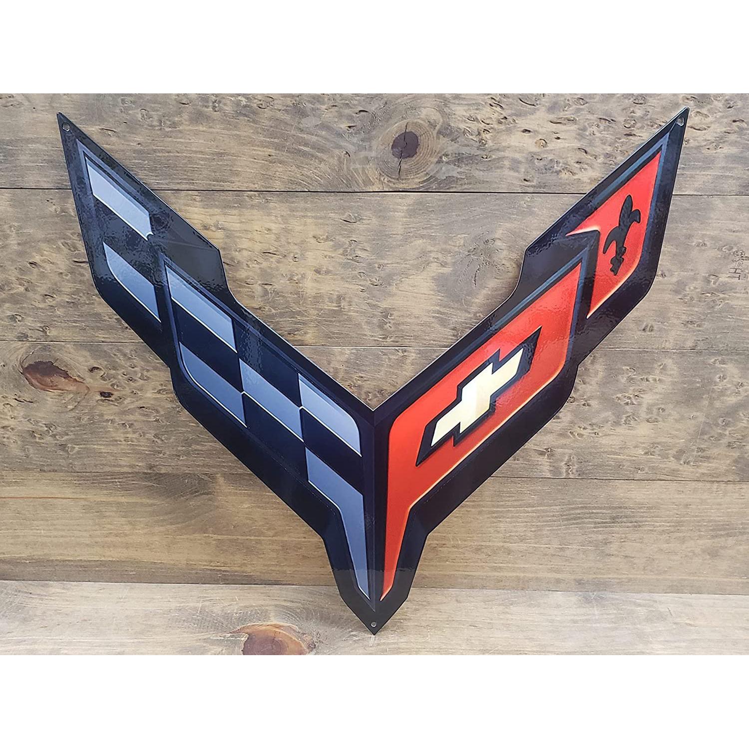 Corvette C8 Crossed Flags Black Edition Emblem Garage Steel Sign-SR1 Performance
