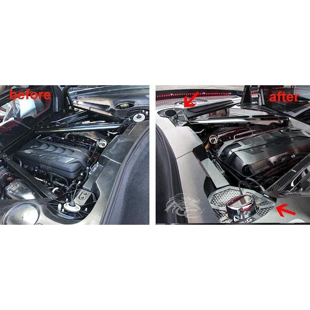 C8 Corvette Perforated Shock Tower Cover Inserts w/Chrome Cap 2Pc : Polished/Brushed Stainless Steel-SR1 Performance
