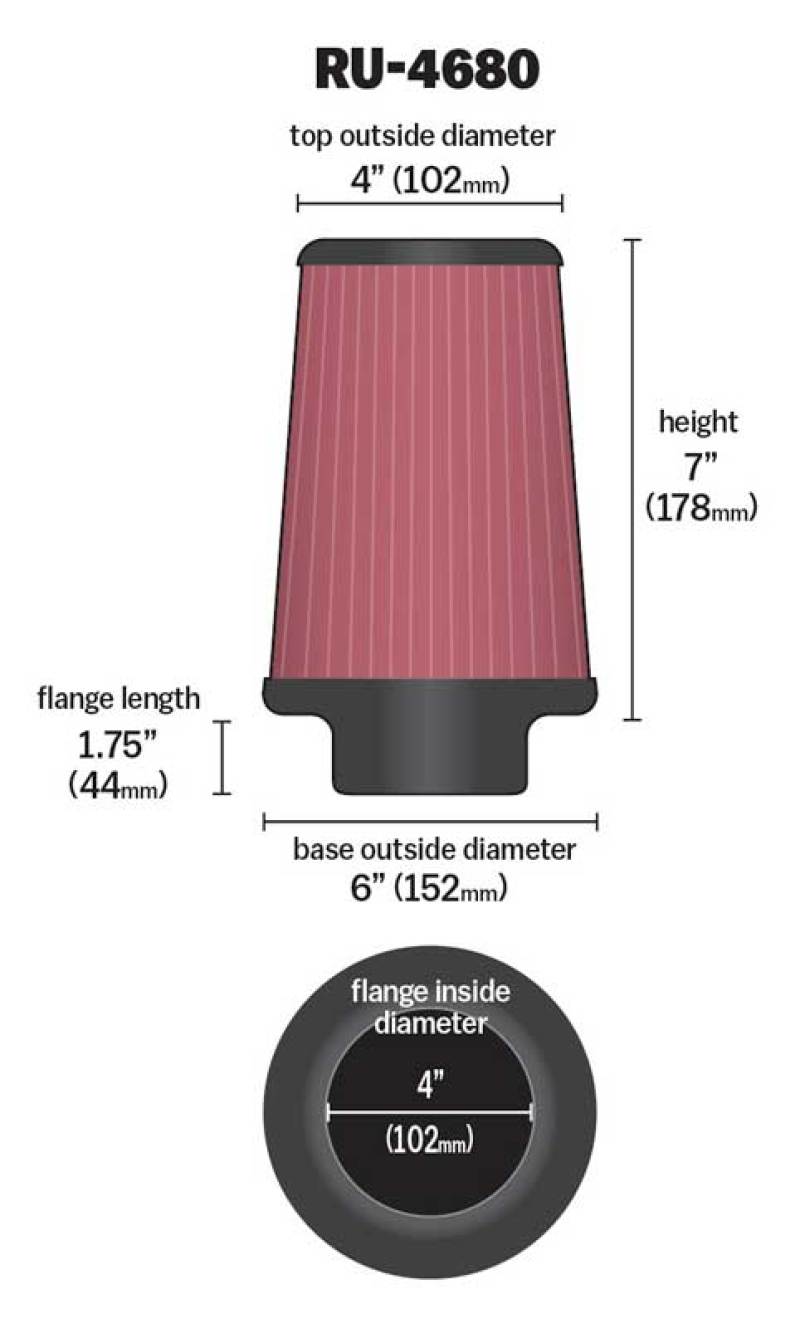 K&N Universal Clamp-On Air Filter 4in FLG / 6in B / 4in T / 7in H-SR1 Performance