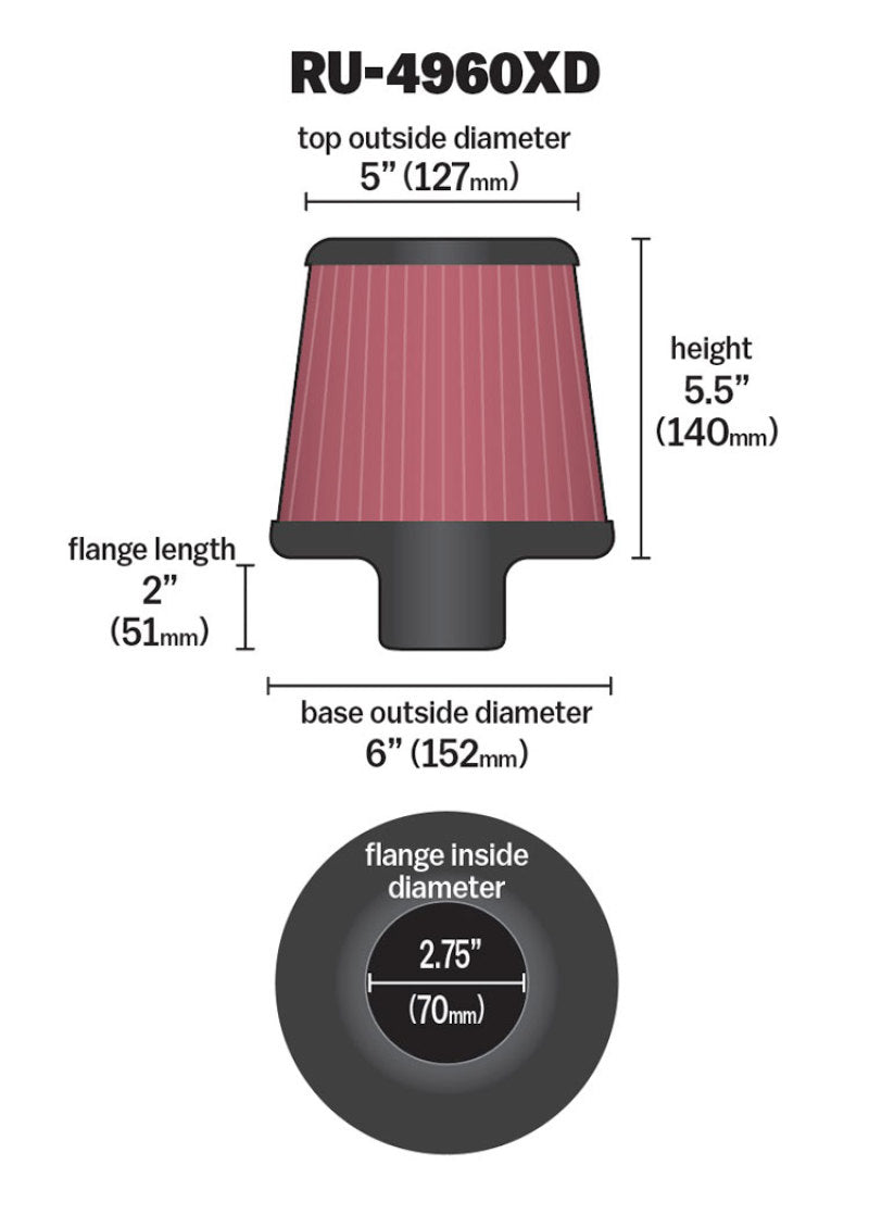 K&N Filter Universal Clamp-On Filter-Round Tapered 2.75in Flange ID x 6in Base OD x 5in Top OD-SR1 Performance