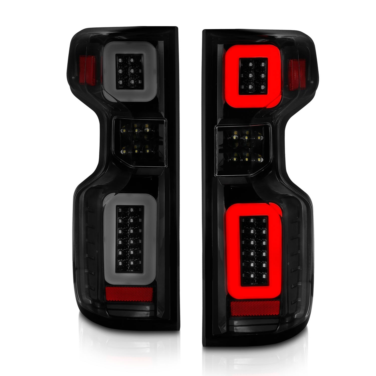 CHEVY SILVERADO 1500 19-26 / 2500HD/3500HD 20-26 FULL LED TAIL LIGHTS BLACK SMOKE LENS W/ SEQUENTIAL SIGNAL (FACTORY HALOGEN BULB MODELS)