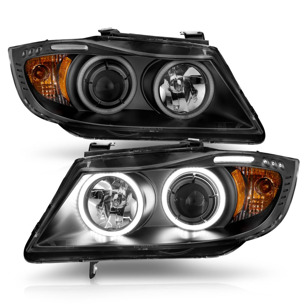 BMW 3 SERIES E90/E91 06-08 PROJECTOR HALO HEADLIGHTS BLACK W/ RX HALO AND LED BAR