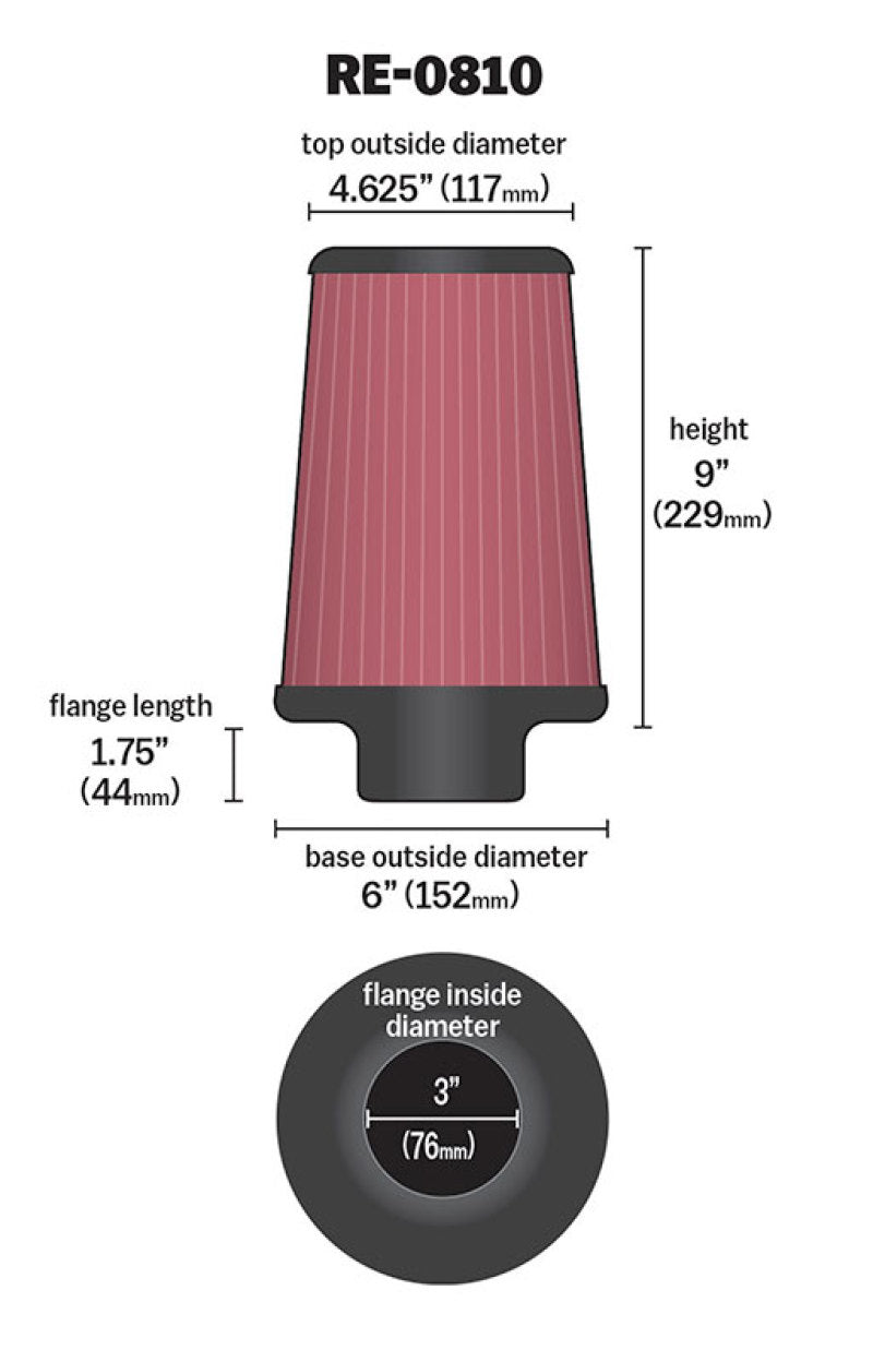 K&N Universal Rubber Filter 3inch FLG / 6inch OD-B / 4-5/8inch OD-T / 9inch L-SR1 Performance