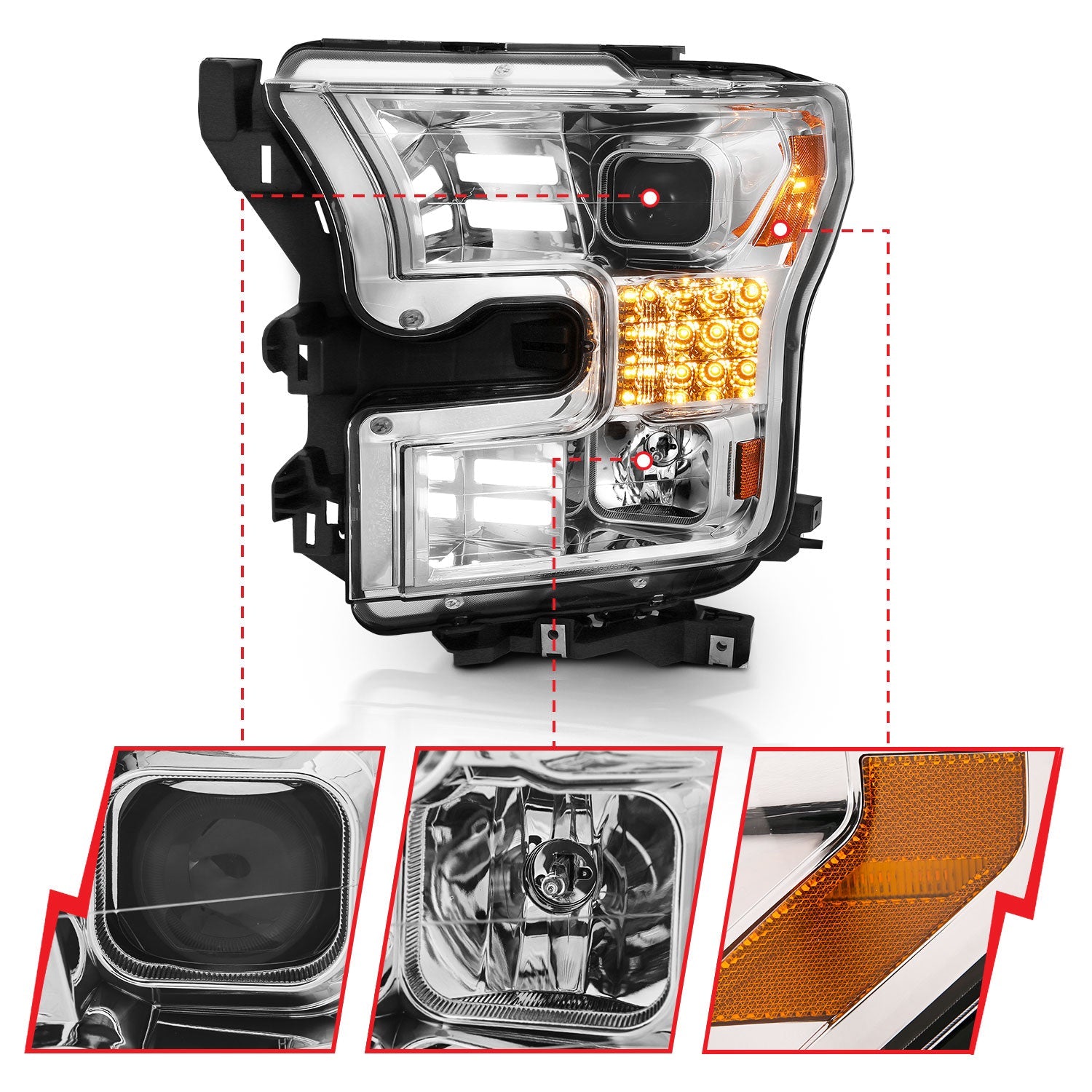 FORD F-150 15-17 PROJECTOR BAR STYLE HEADLIGHTS CHROME W/ SEQUENTIAL SIGNAL (FOR HALOGEN MODELS ONLY)