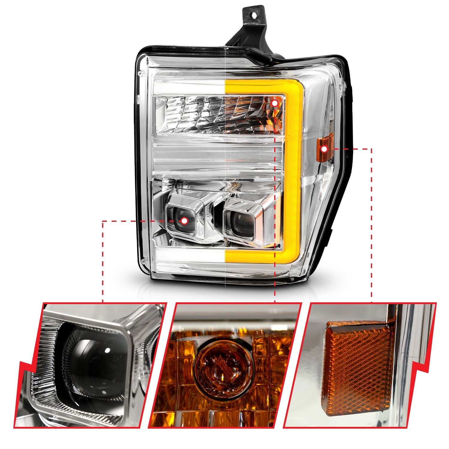 FORD SUPER DUTY 08-10 PROJECTOR SWITCHBACK PLANK STYLE HEADLIGHTS CHROME