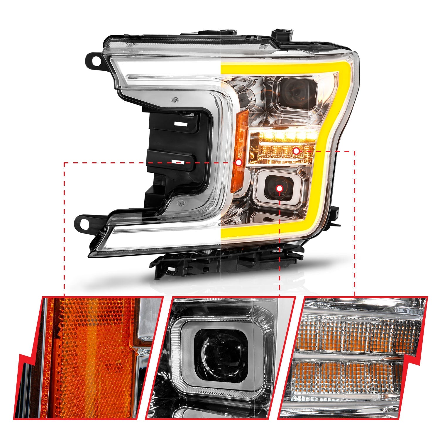 FORD F-150 18-20 FULL LED PROJECTOR PLANK STYLE HEADLIGHTS CHROME W/ INITIATION & SEQUENTIAL (FITS FACTORY HALOGEN MODELS ONLY)