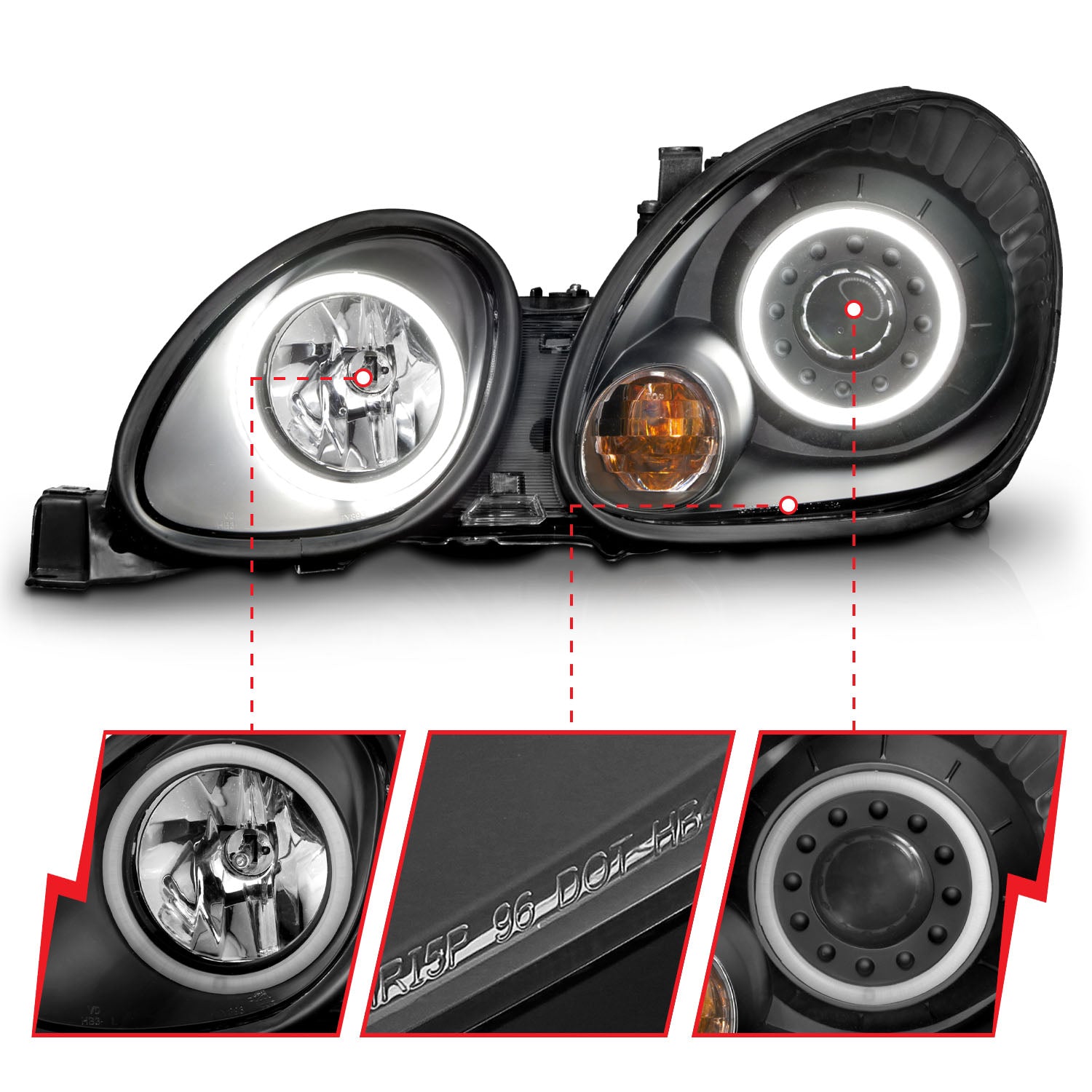 LEXUS GS 300/400/430 98-05 PROJECTOR HEADLIGHTS BLACK W/ RX HALO (NOT FOR FACTORY HID SYSTEM)