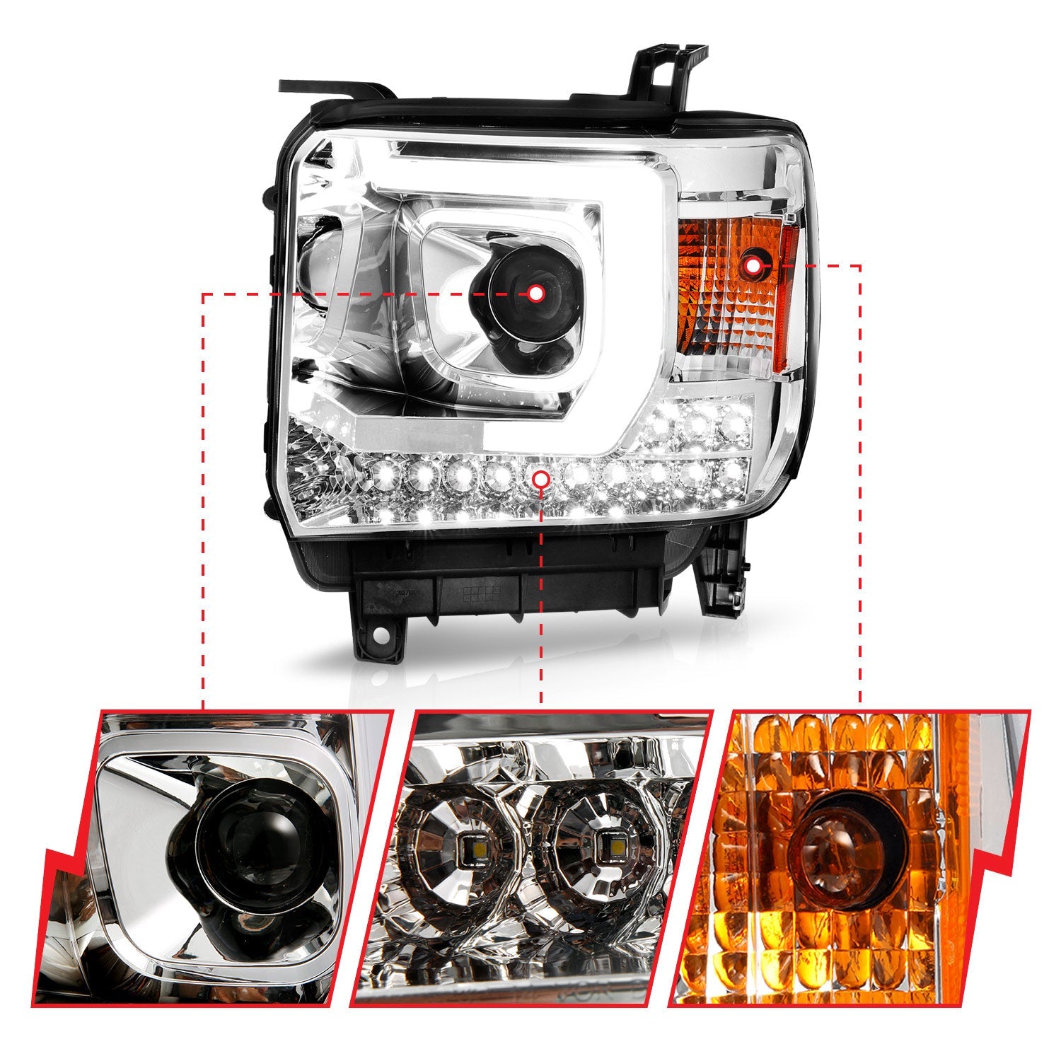 GMC SIERRA 1500 14-15 /2500HD/3500HD 15-19 PROJECTOR C BAR HEADLIGHTS CHROME (FOR HALOGEN MODELS W/O FACTORY LED DRL)