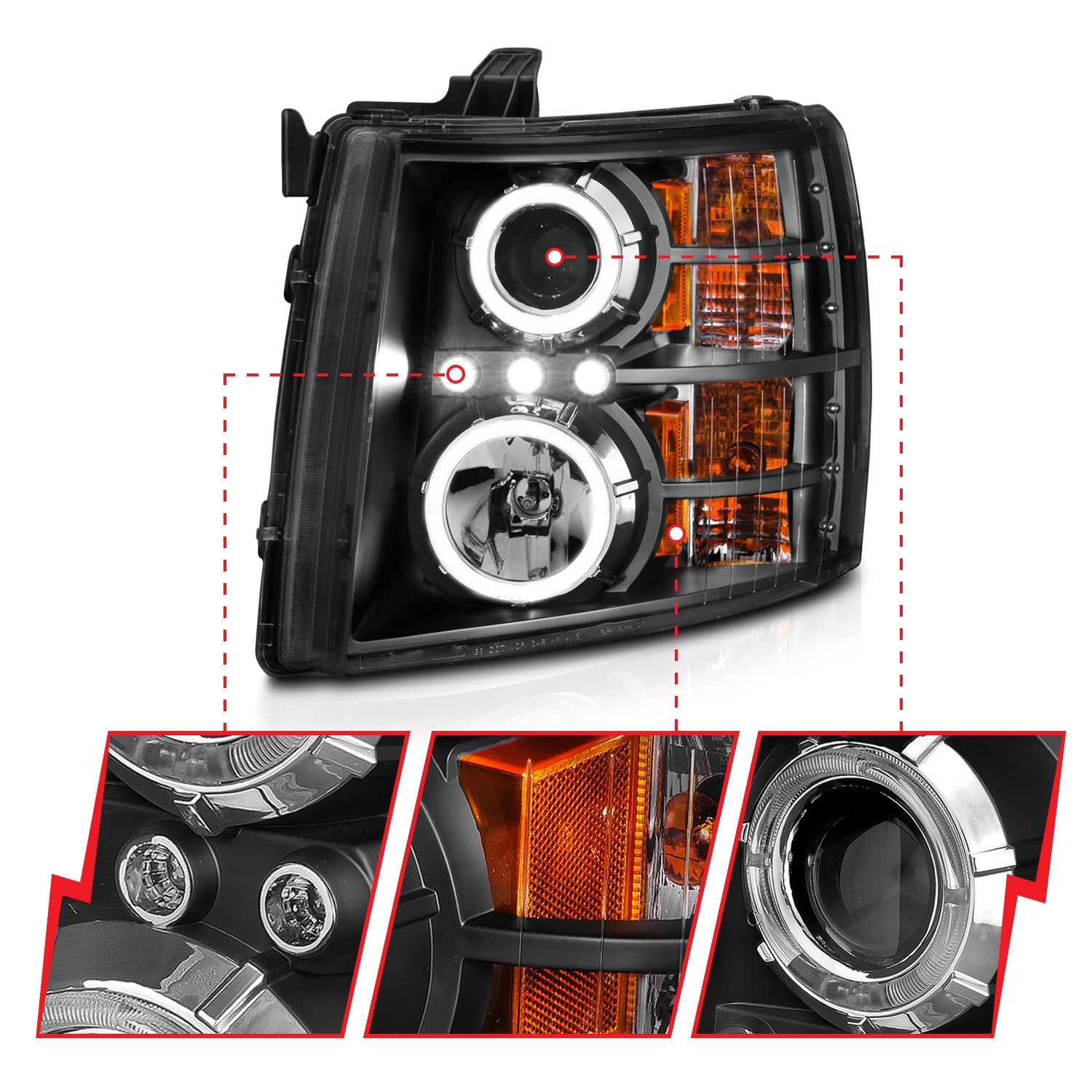 CHEVY SILVERADO 1500 07-13 / 2500HD/3500HD 07-14 PROJECTOR HALO HEADLIGHTS BLACK