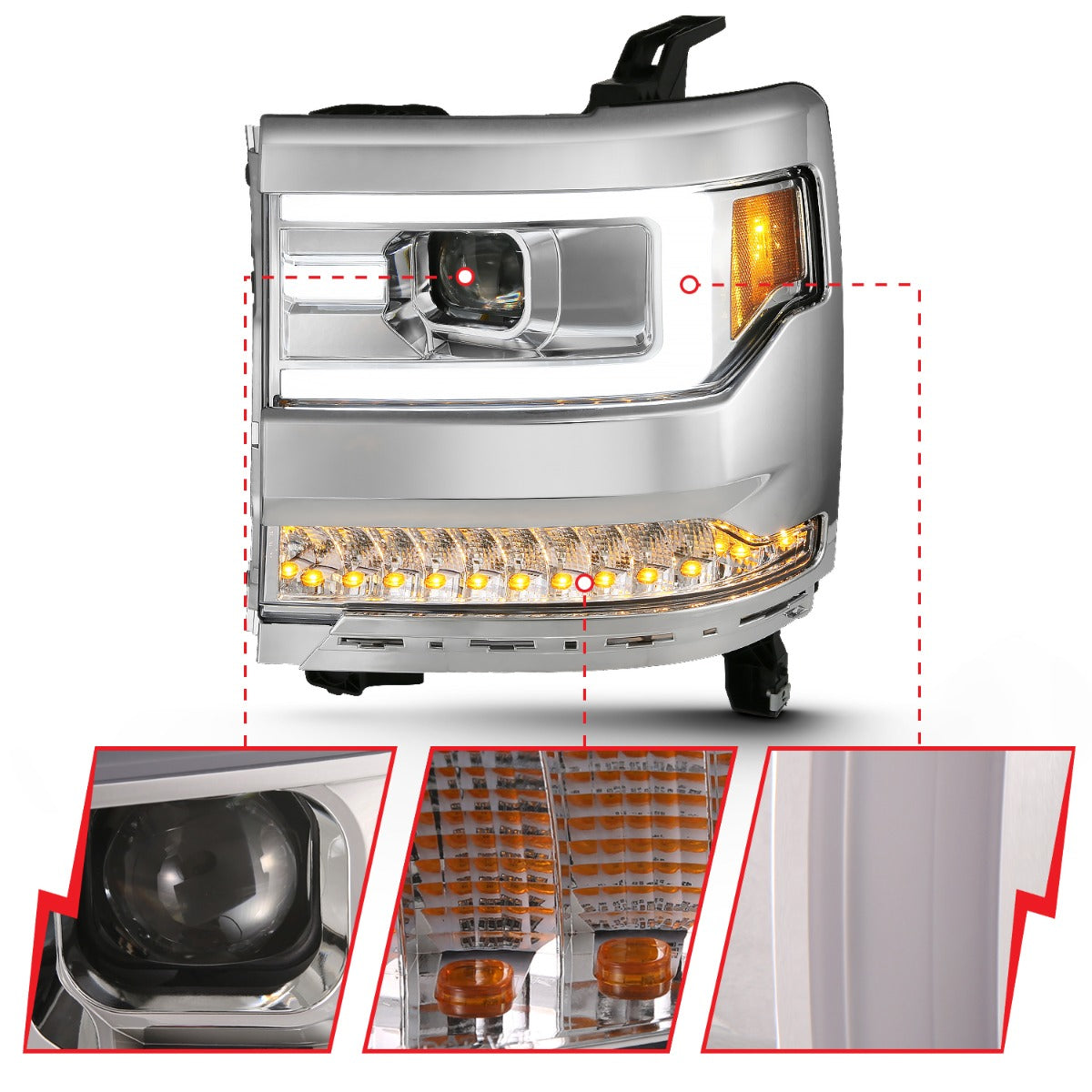 CHEVY SILVERADO 1500 16-18 PROJECTOR PLANK STYLE HEADLIGHTS CHROME (FOR HID, NO HID BULB INCLUDED)