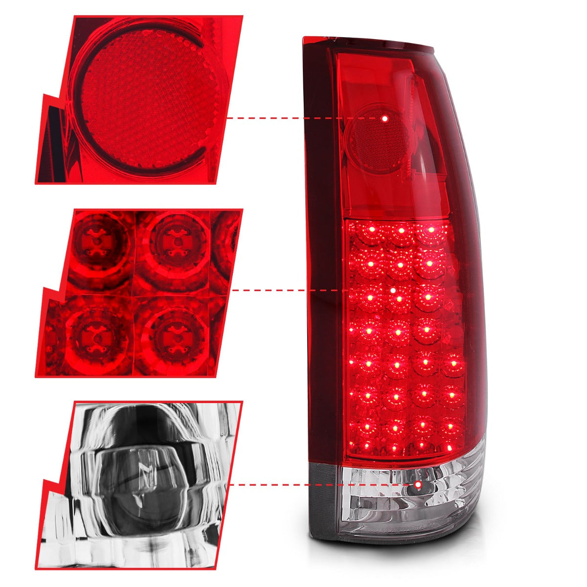 CHEVY/GMC C/K1500/2500 88-98 / C/K3500 88-00 / SUBURBAN 92-99 / BLAZER (FULL-SIZE) 92-94 / TAHOE 95-99 / YUKON 92-99 LED TAIL LIGHTS CHROME RED/CLEAR LENS G2