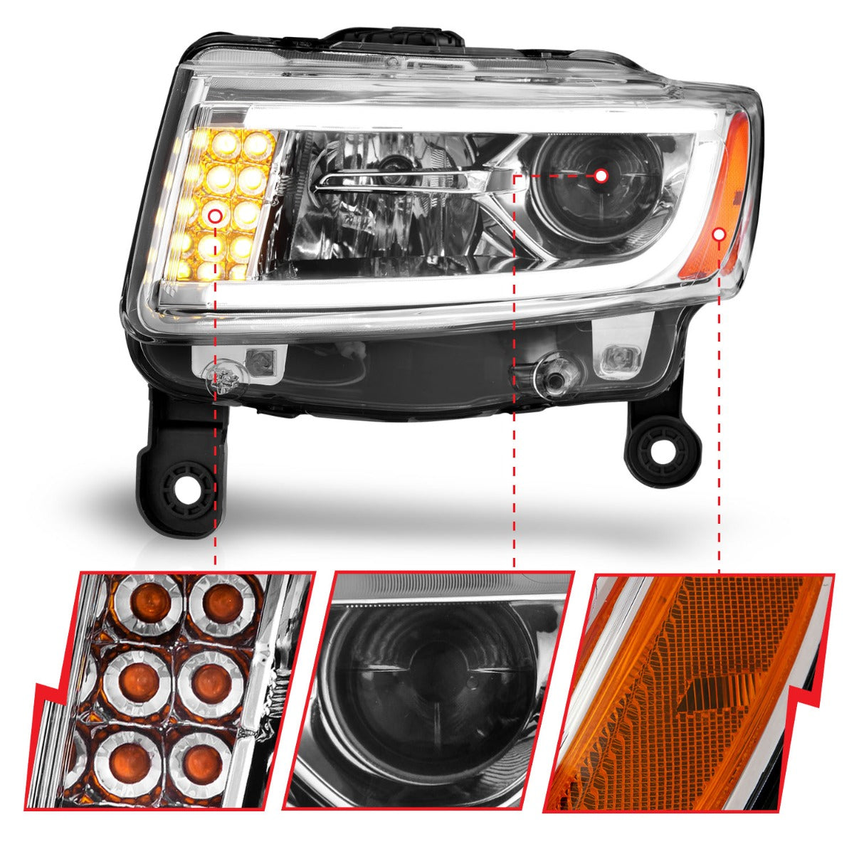 JEEP GRAND CHEROKEE 14-16 PROJECTOR HEADLIGHTS PLANK STYLE CHROME (FOR HALOGEN MODELS ONLY)