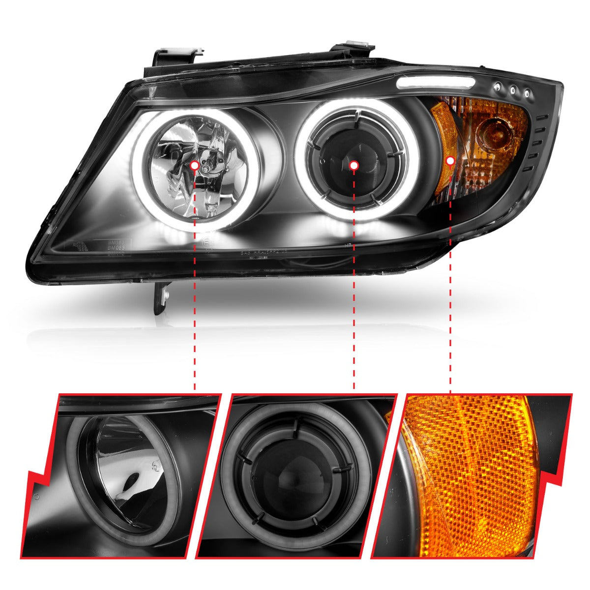 BMW 3 SERIES E90/E91 06-08 PROJECTOR HALO HEADLIGHTS BLACK W/ RX HALO AND LED BAR