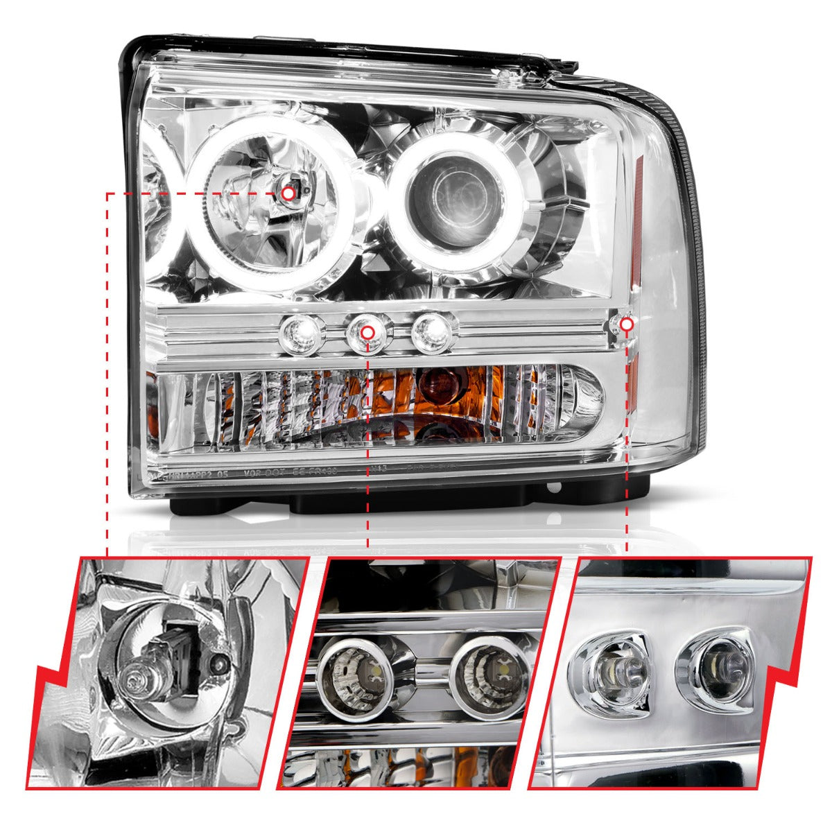 FORD F-250/350/450/550 SUPERDUTY 05-07 / EXCURSION 05 PROJECTOR HALO HEADLIGHTS CHROME W/ RX HALO (1PC)