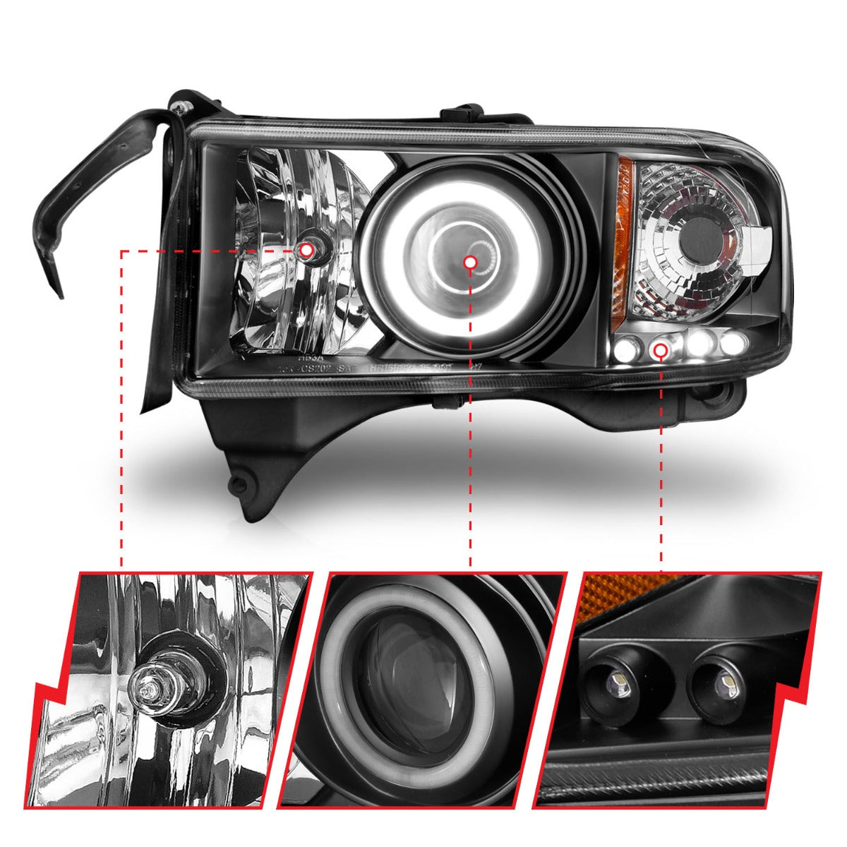 DODGE RAM 1500 94-01 / RAM 2500/3500 94-02 / RAM SPORT MODEL 94-98 PROJECTOR HALO HEADLIGHTS BLACK W/ RX HALO