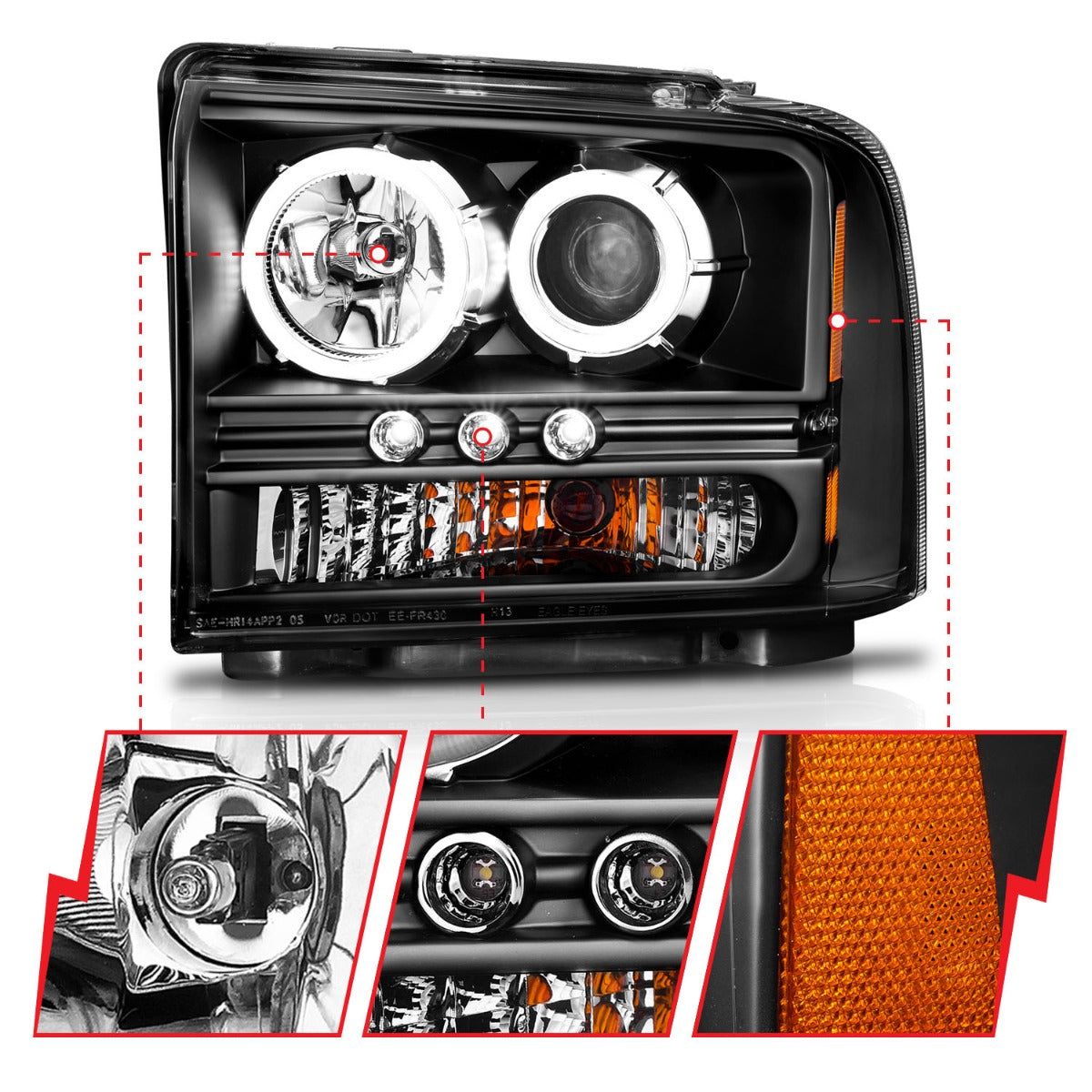 FORD F-250/350/450/550 SUPERDUTY 05-07 / EXCURSION 05 PROJECTOR HALO HEADLIGHTS BLACK W/ RX HALO 1PC
