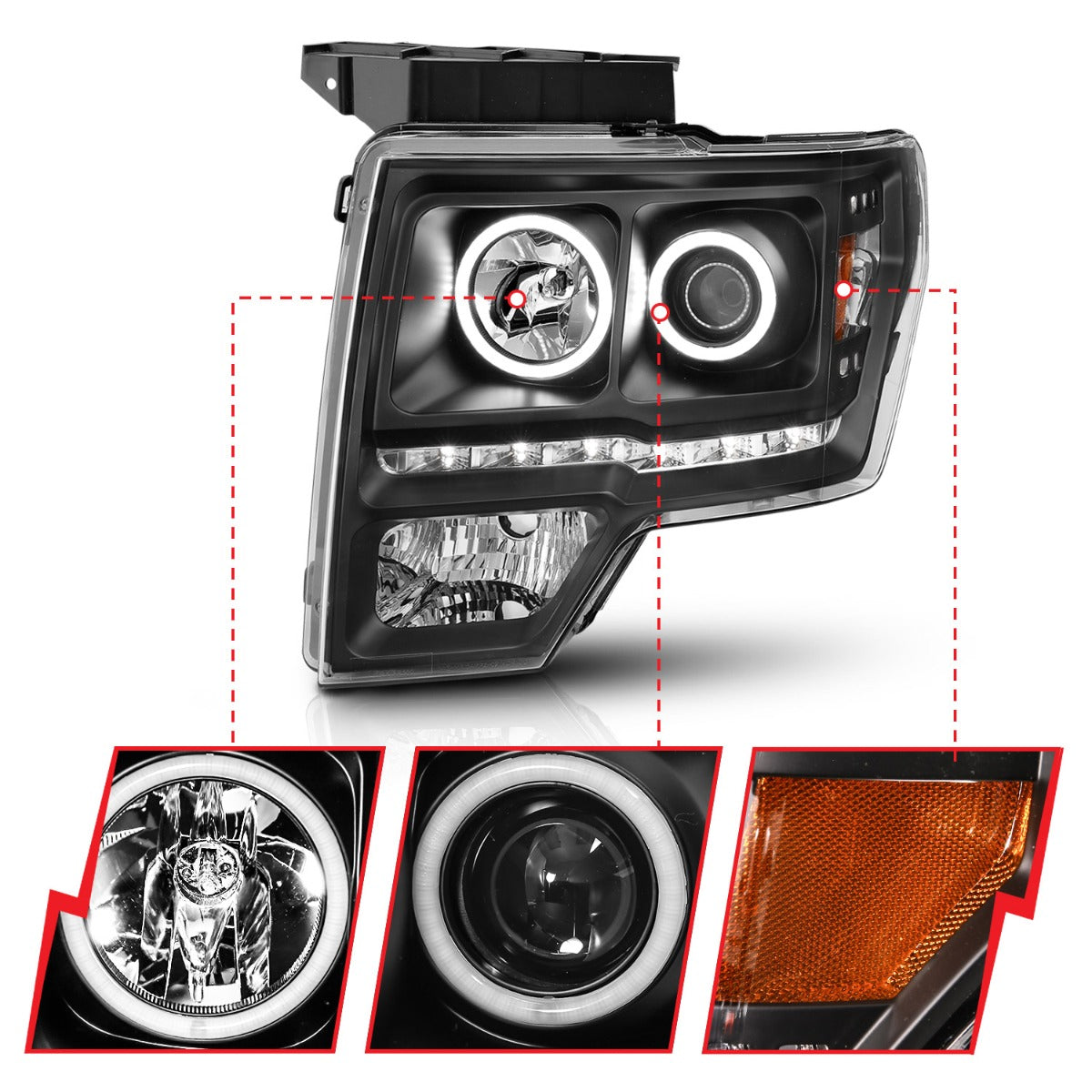 FORD F-150 09-14 PROJECTOR HEADLIGHTS G2 BLACK W/ RX HALO (FOR HALOGEN MODELS ONLY)