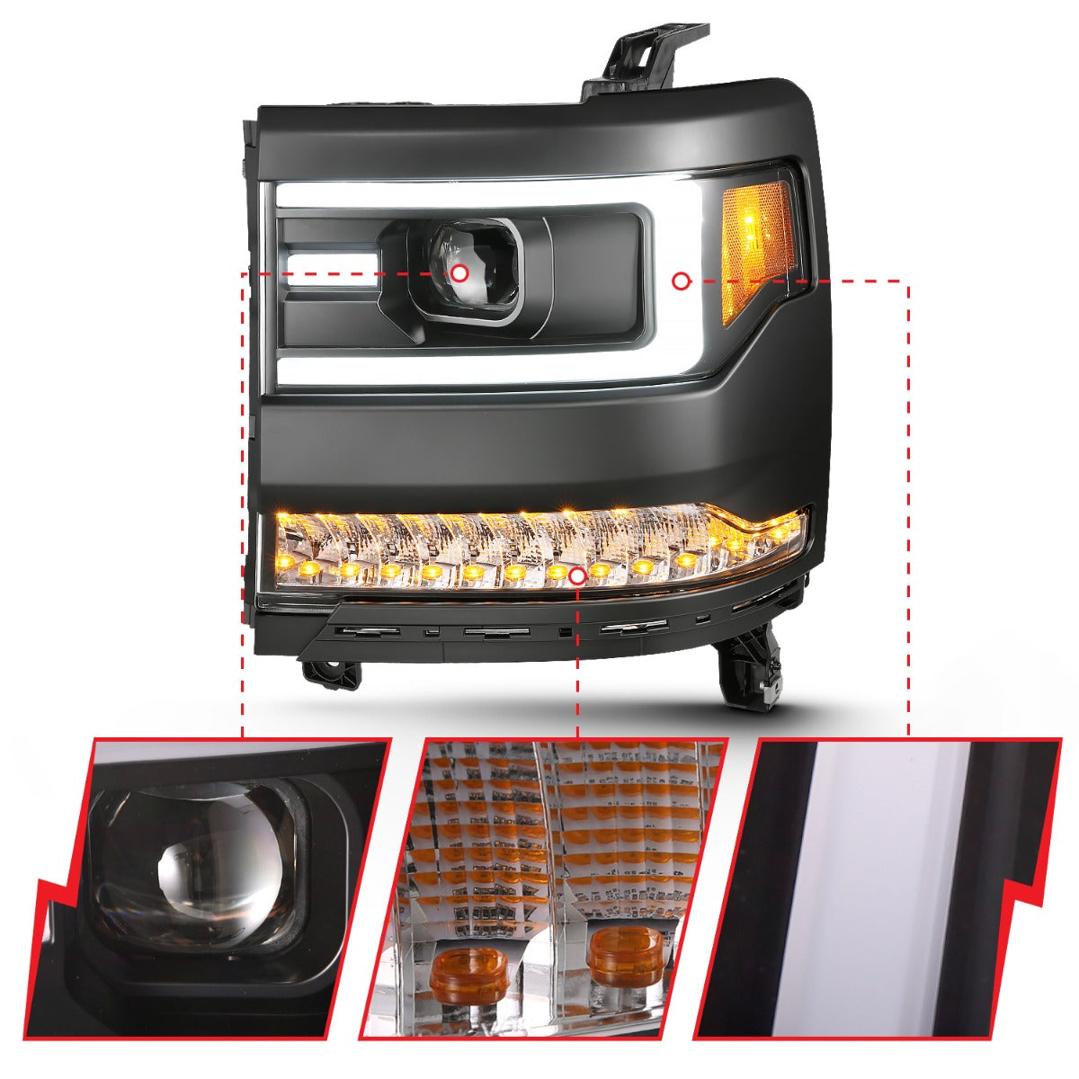 CHEVY SILVERADO 1500 16-18 PROJECTOR PLANK STYLE HEADLIGHTS BLACK (FOR HID, NO HID BULB INCLUDED)