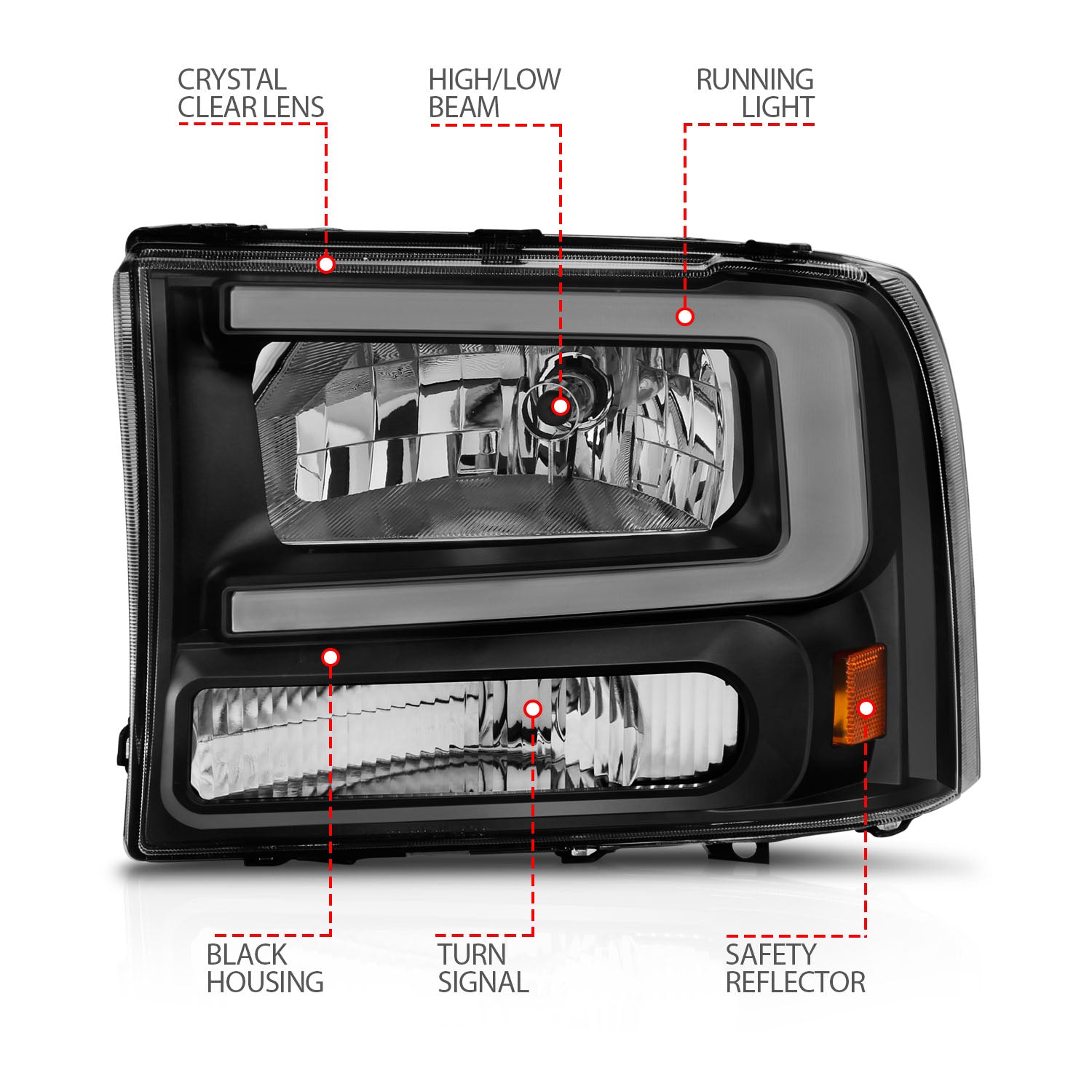 FORD EXCURSION 00-04 / SUPER DUTY 99-04 CRYSTAL PLANK STYLE HEADLIGHTS BLACK
