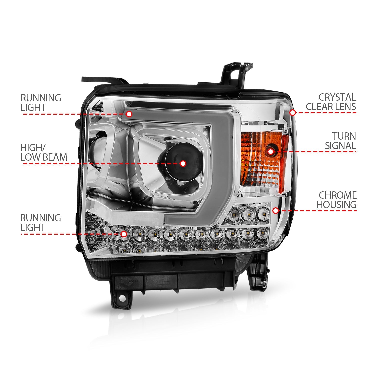 GMC SIERRA 1500 14-15 /2500HD/3500HD 15-19 PROJECTOR C BAR HEADLIGHTS CHROME (FOR HALOGEN MODELS W/O FACTORY LED DRL)
