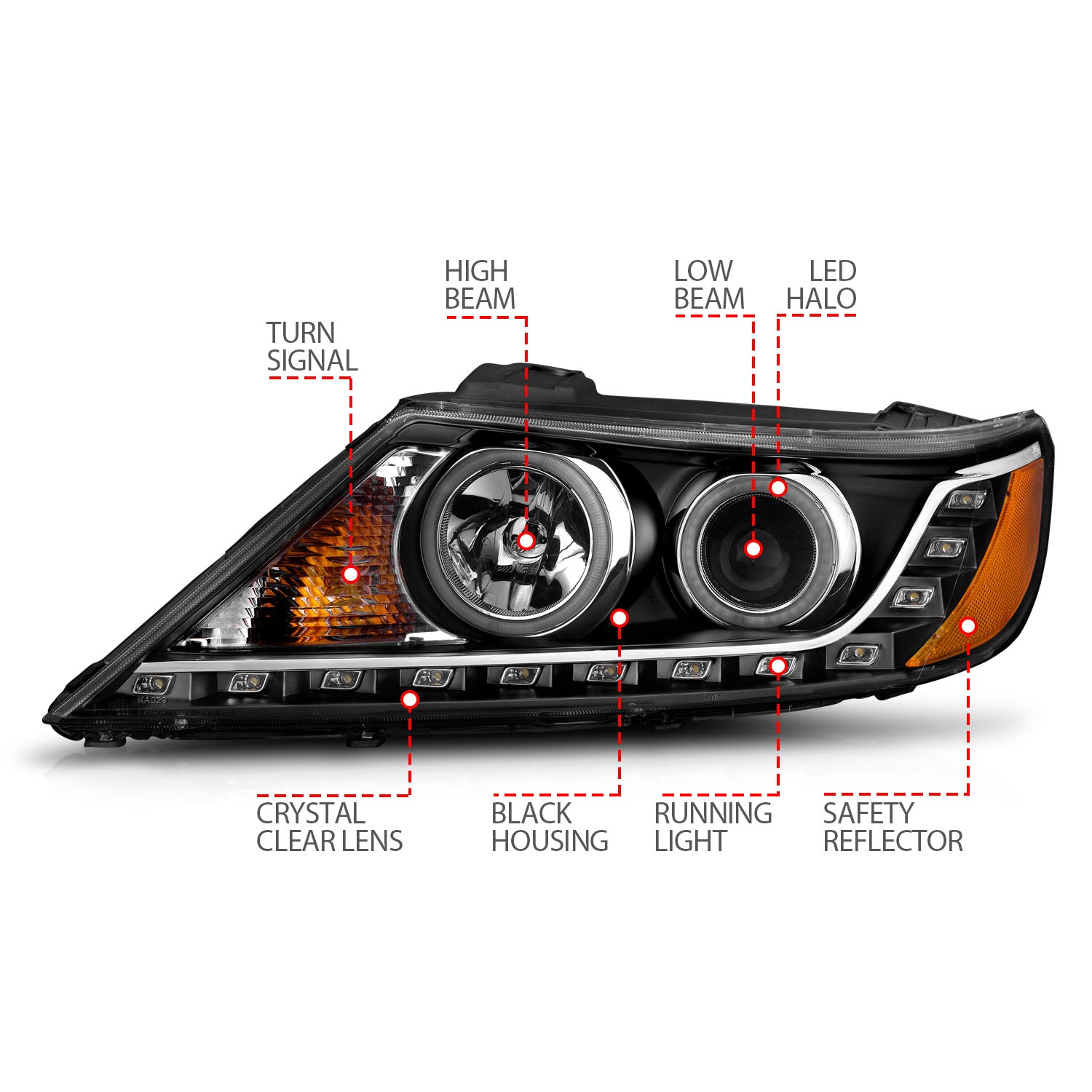 KIA SORENTO 11-13 PROJECTOR HEADLIGHTS BLACK W/ RX HALO