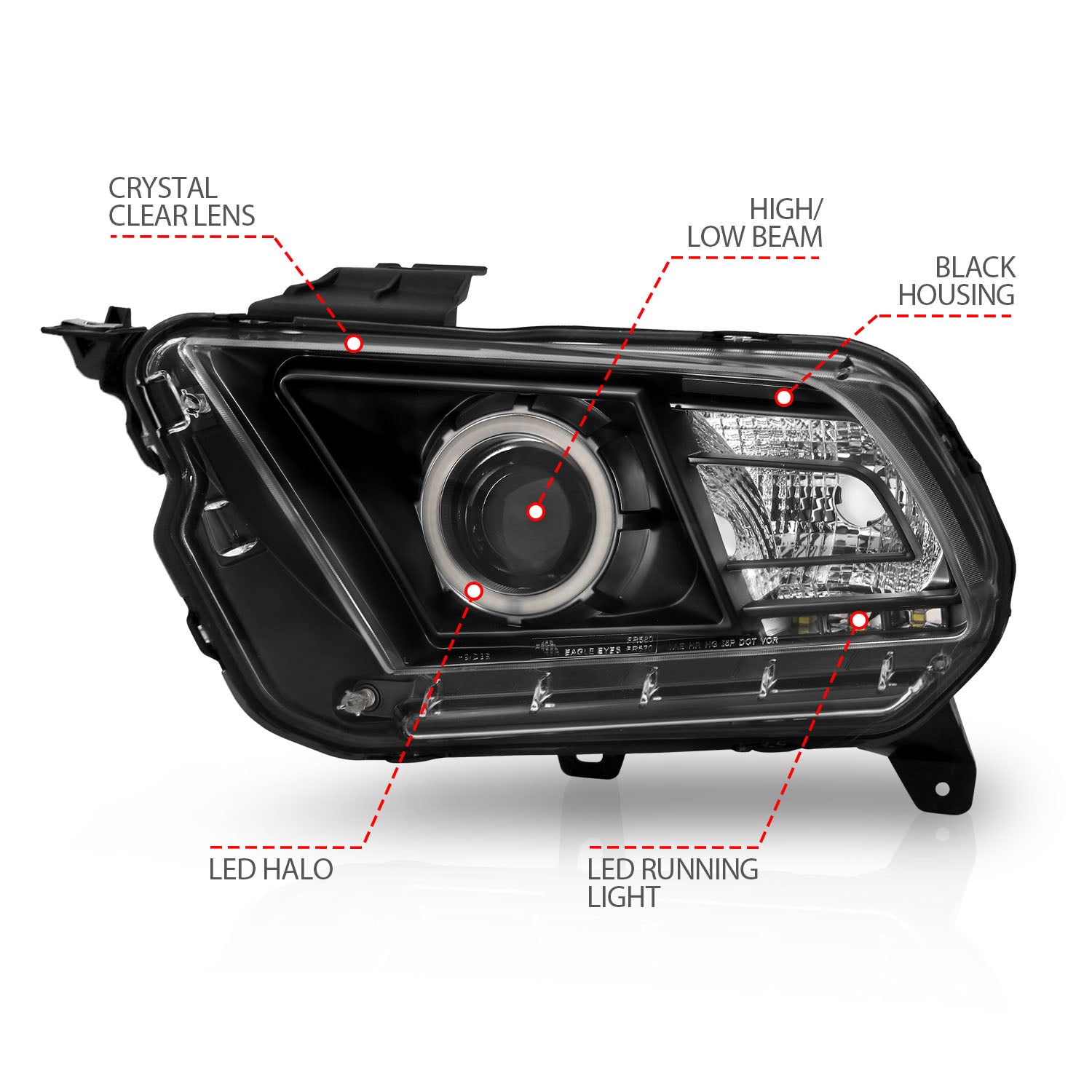 FORD MUSTANG 10-14 PROJECTOR HEADLIGHTS BLACK W/ RX HALO