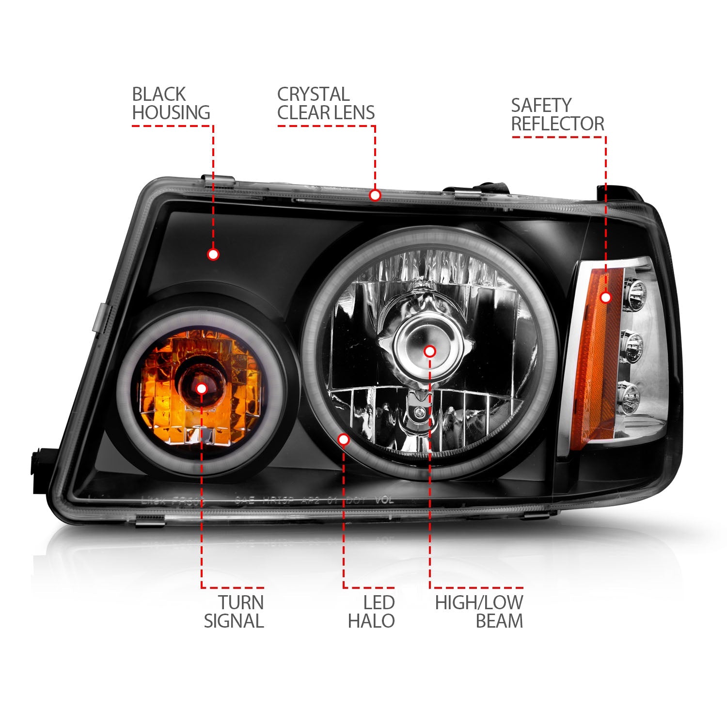 FORD RANGER 01-11 CRYSTAL HEADLIGHTS BLACK W/ RX HALO 1PC