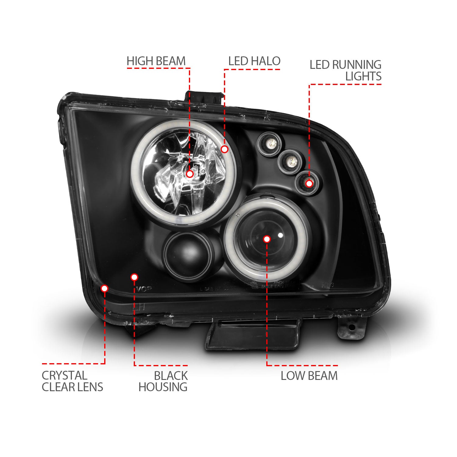 FORD MUSTANG 05-09 PROJECTOR HEADLIGHTS BLACK W/ RX HALO