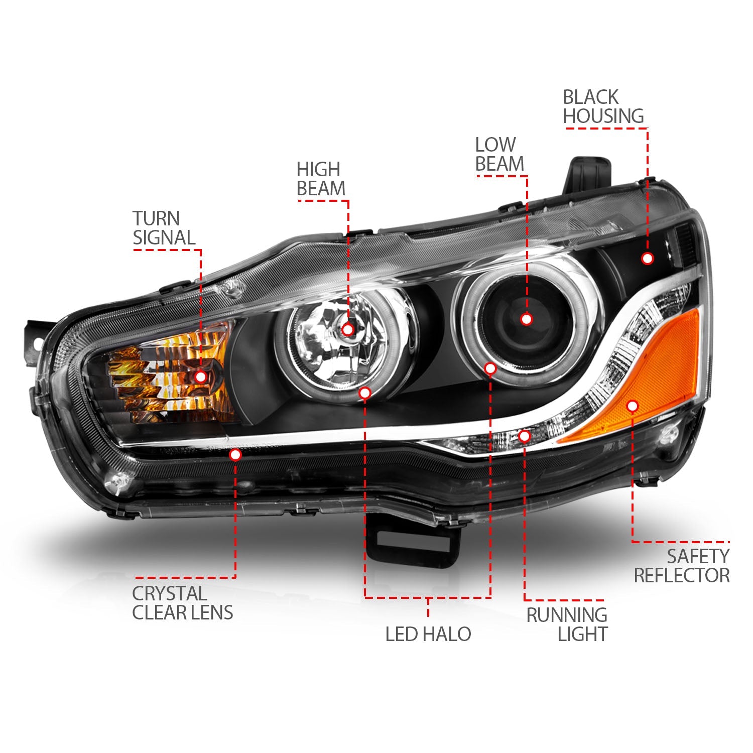 MITSUBISHI LANCER 08-15 PROJECTOR HEADLIGHTS BLACK W/ RX HALO