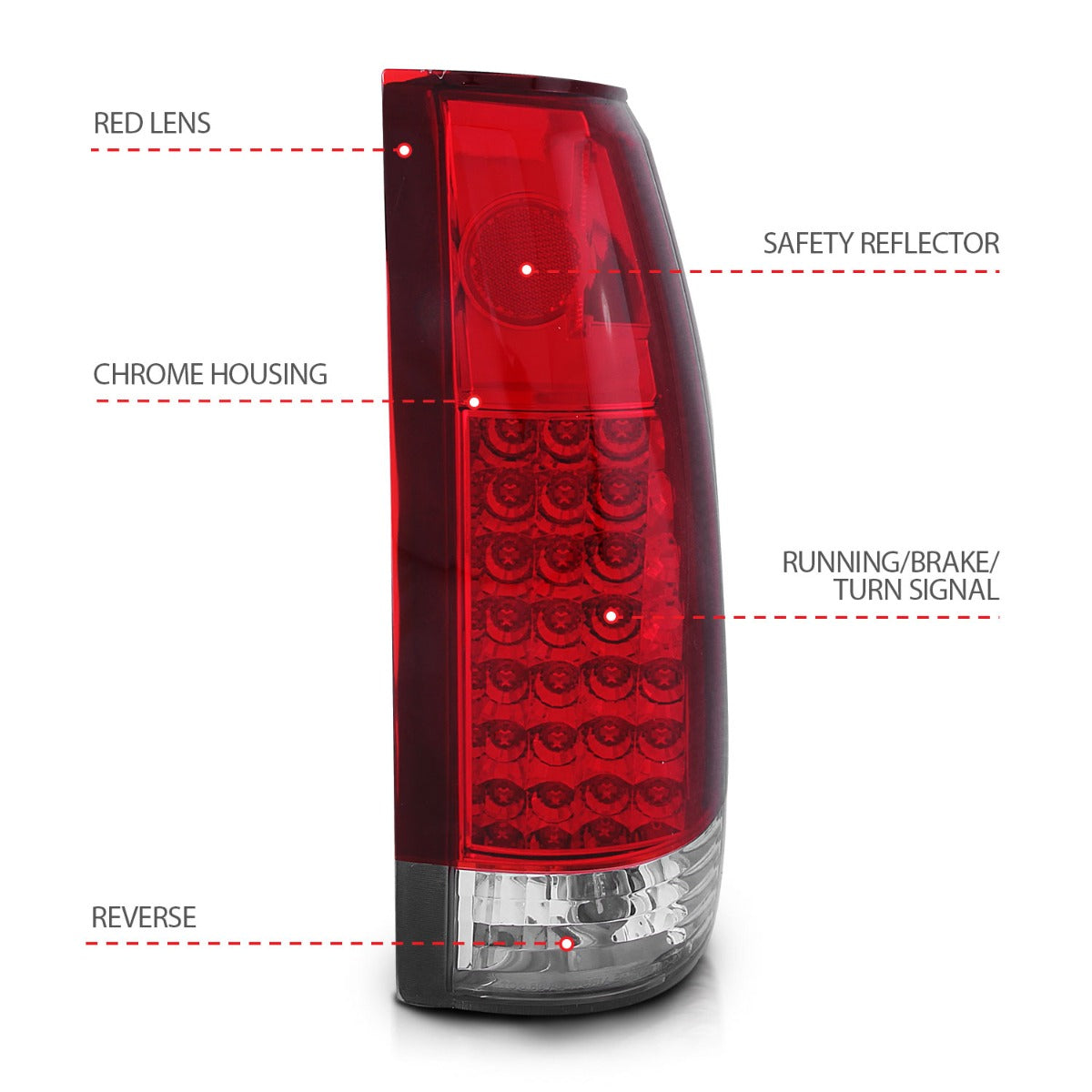 CHEVY/GMC C/K1500/2500 88-98 / C/K3500 88-00 / SUBURBAN 92-99 / BLAZER (FULL-SIZE) 92-94 / TAHOE 95-99 / YUKON 92-99 LED TAIL LIGHTS CHROME RED/CLEAR LENS G2