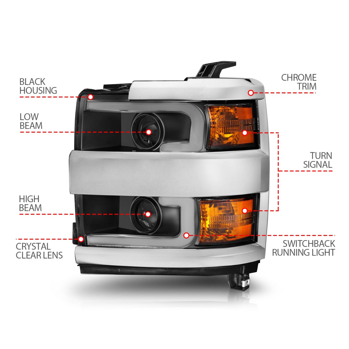 CHEVY SILVERADO 15-19 2500HD/3500HD PROJECTOR SWITCHBACK HEADLIGHTS BLACK(CHROME TRIM)(HALOGEN MODELS ONLY)
