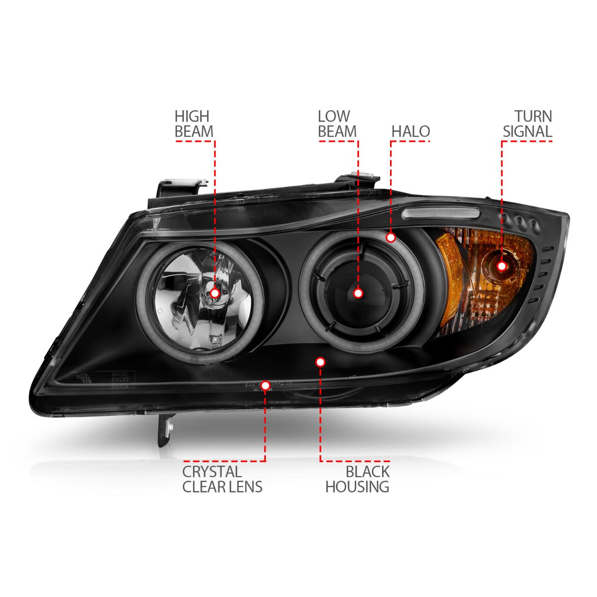 BMW 3 SERIES E90/E91 06-08 PROJECTOR HALO HEADLIGHTS BLACK W/ RX HALO AND LED BAR