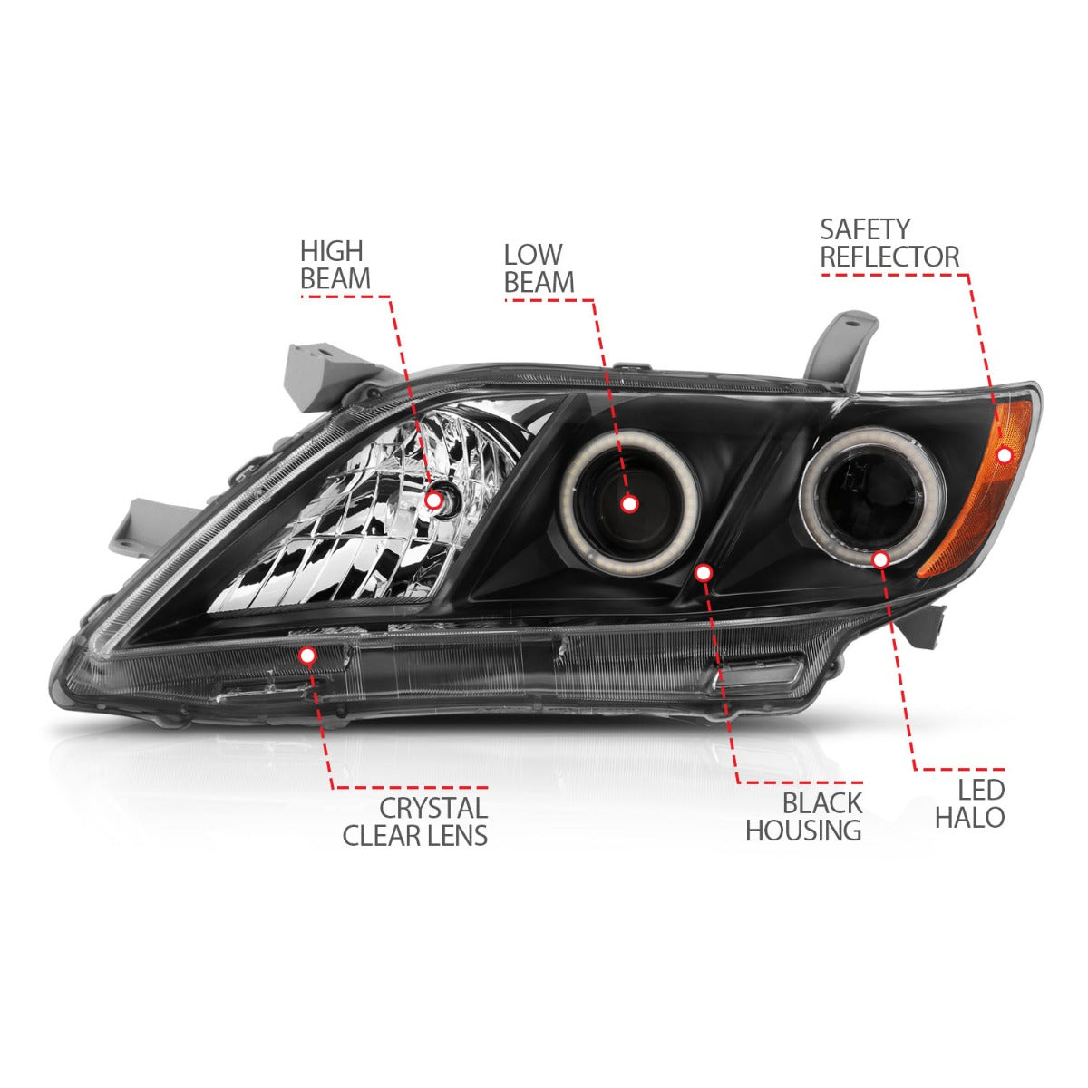 TOYOTA CAMRY 07-09 PROJECTOR HEADLIGHTS BLACK W/ RX HALO