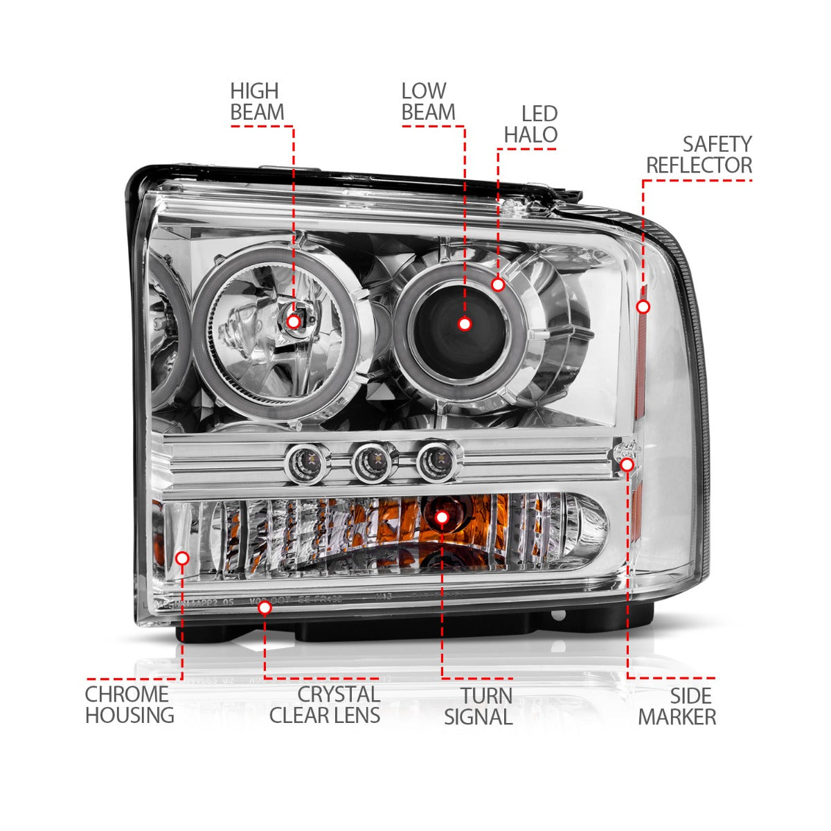 FORD F-250/350/450/550 SUPERDUTY 05-07 / EXCURSION 05 PROJECTOR HALO HEADLIGHTS CHROME W/ RX HALO (1PC)