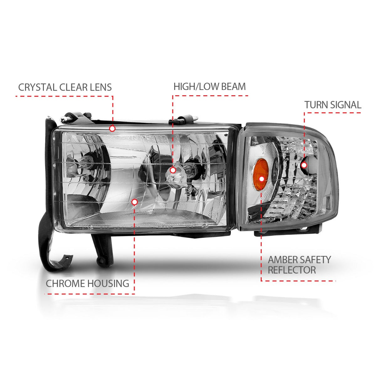 DODGE RAM 1500 94-01 / RAM 2500/3500 94-02 / RAM SPORT MODEL 94-98 CRYSTAL HEADLIGHTS CHROME W/ CORNER LIGHT 2PC