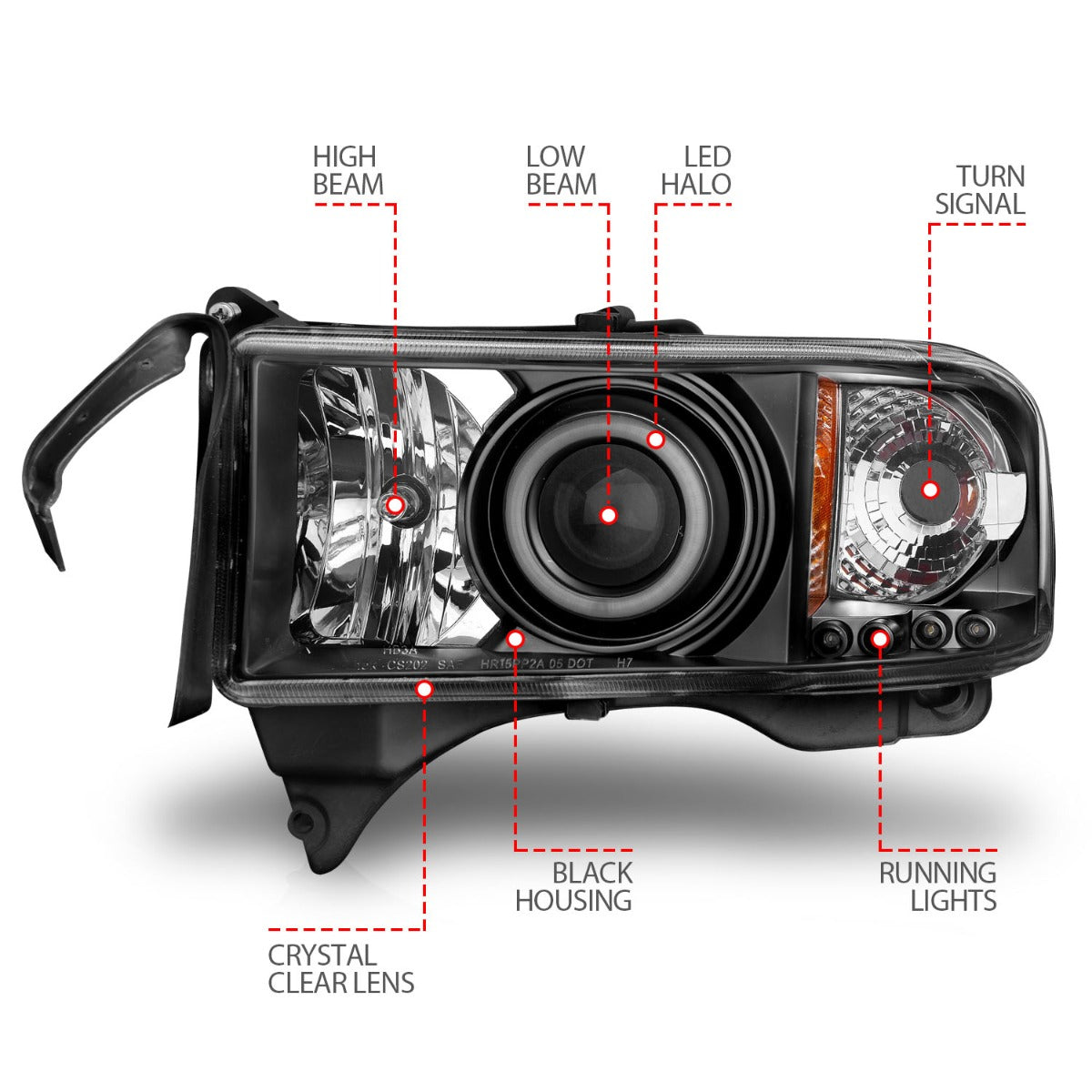 DODGE RAM 1500 94-01 / RAM 2500/3500 94-02 / RAM SPORT MODEL 94-98 PROJECTOR HALO HEADLIGHTS BLACK W/ RX HALO