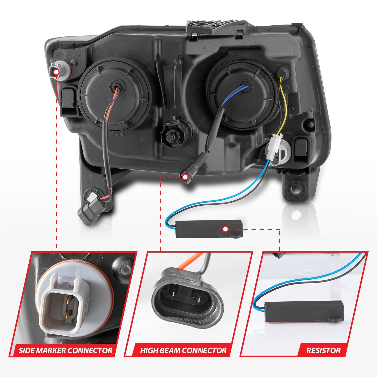 JEEP GRAND CHEROKEE 11-13 PROJECTOR SWITCHBACK PLANK STYLE HEADLIGHTS BLACK